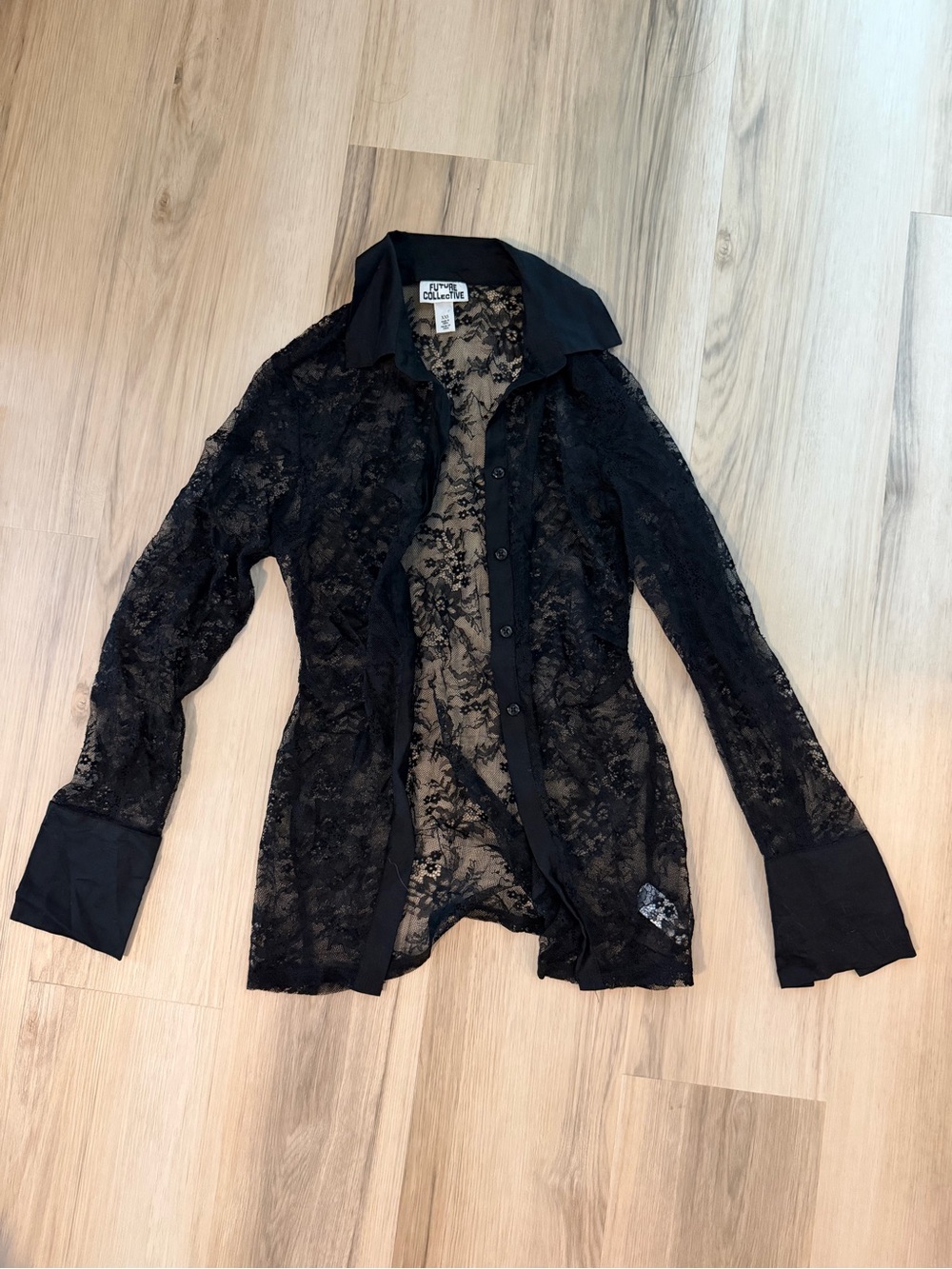 Collective Concepts Black Sheer Lace Button-Down Blouse